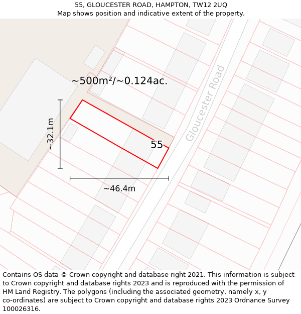 55, GLOUCESTER ROAD, HAMPTON, TW12 2UQ: Plot and title map