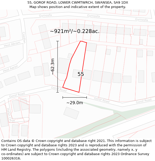 55, GOROF ROAD, LOWER CWMTWRCH, SWANSEA, SA9 1DX: Plot and title map