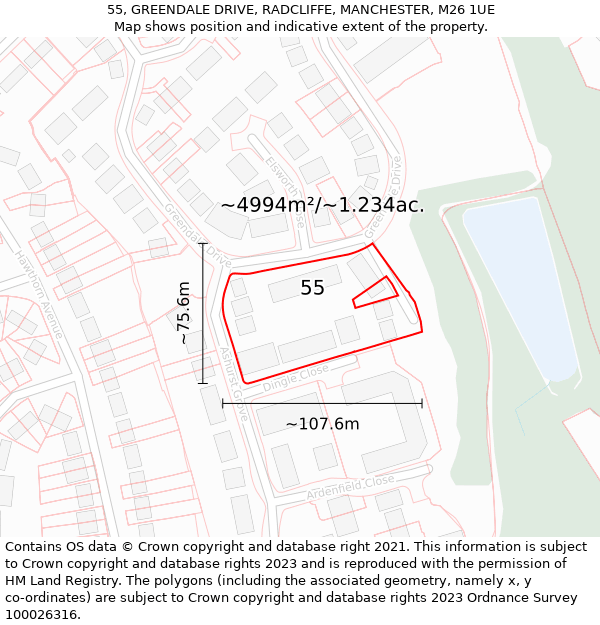 55, GREENDALE DRIVE, RADCLIFFE, MANCHESTER, M26 1UE: Plot and title map