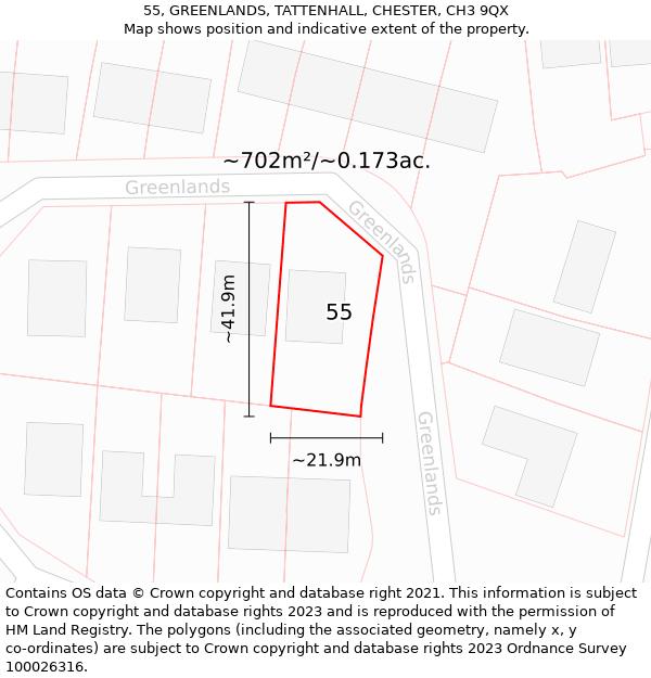 55, GREENLANDS, TATTENHALL, CHESTER, CH3 9QX: Plot and title map