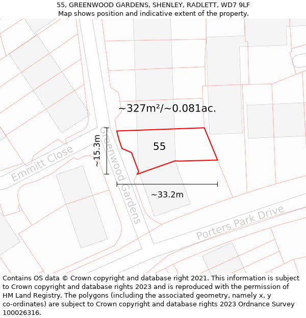 55, GREENWOOD GARDENS, SHENLEY, RADLETT, WD7 9LF: Plot and title map