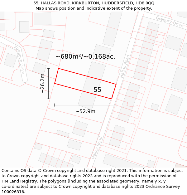 55, HALLAS ROAD, KIRKBURTON, HUDDERSFIELD, HD8 0QQ: Plot and title map