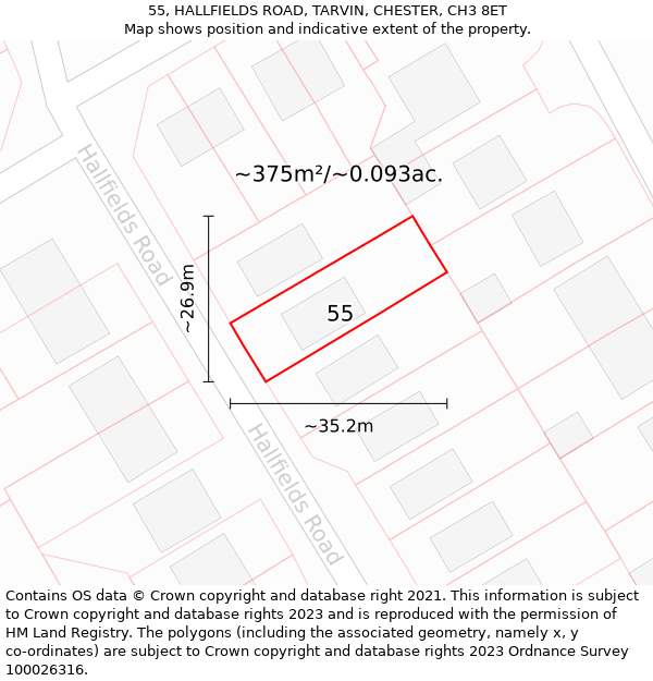 55, HALLFIELDS ROAD, TARVIN, CHESTER, CH3 8ET: Plot and title map