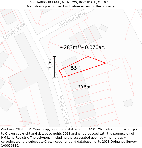 55, HARBOUR LANE, MILNROW, ROCHDALE, OL16 4EL: Plot and title map