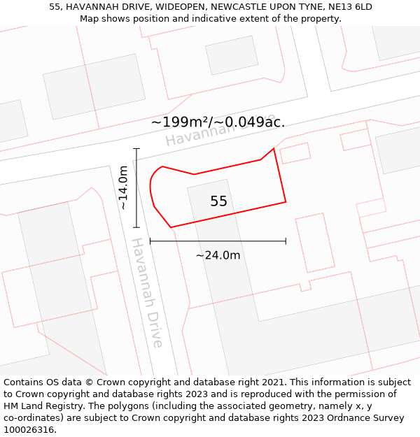 55, HAVANNAH DRIVE, WIDEOPEN, NEWCASTLE UPON TYNE, NE13 6LD: Plot and title map