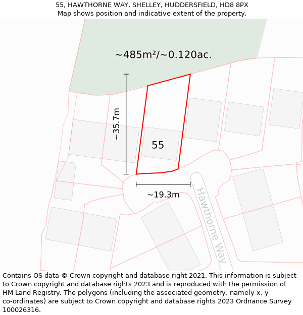 55, HAWTHORNE WAY, SHELLEY, HUDDERSFIELD, HD8 8PX: Plot and title map