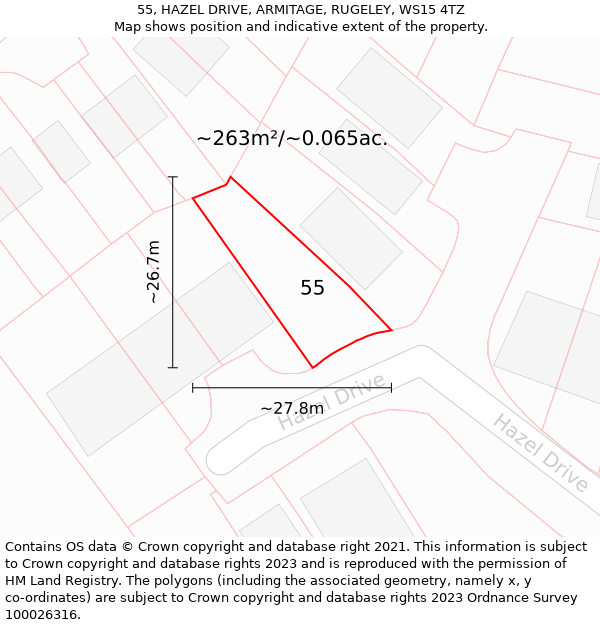 55, HAZEL DRIVE, ARMITAGE, RUGELEY, WS15 4TZ: Plot and title map