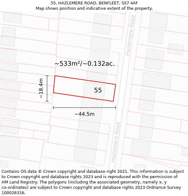 55, HAZLEMERE ROAD, BENFLEET, SS7 4AF: Plot and title map