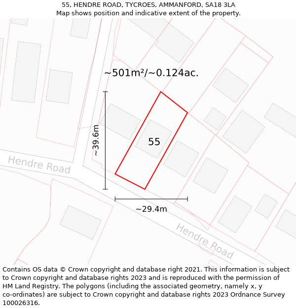 55, HENDRE ROAD, TYCROES, AMMANFORD, SA18 3LA: Plot and title map