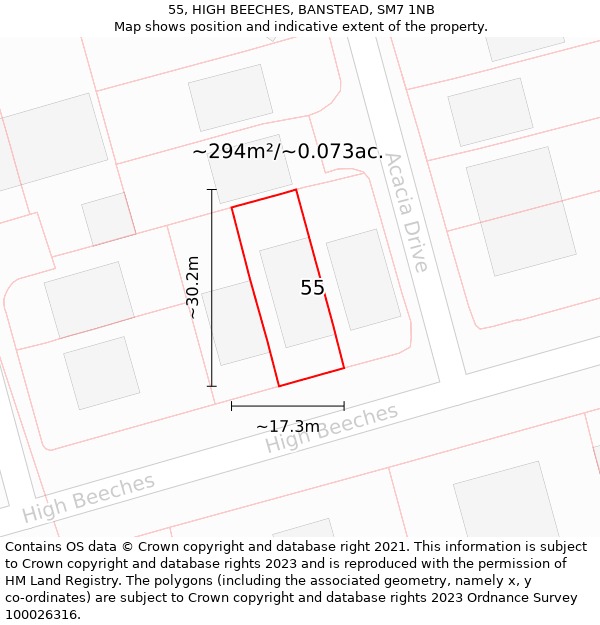 55, HIGH BEECHES, BANSTEAD, SM7 1NB: Plot and title map