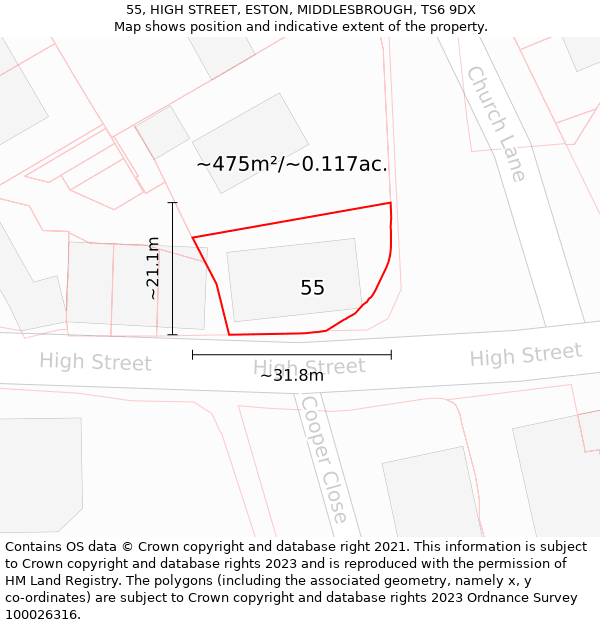 55, HIGH STREET, ESTON, MIDDLESBROUGH, TS6 9DX: Plot and title map