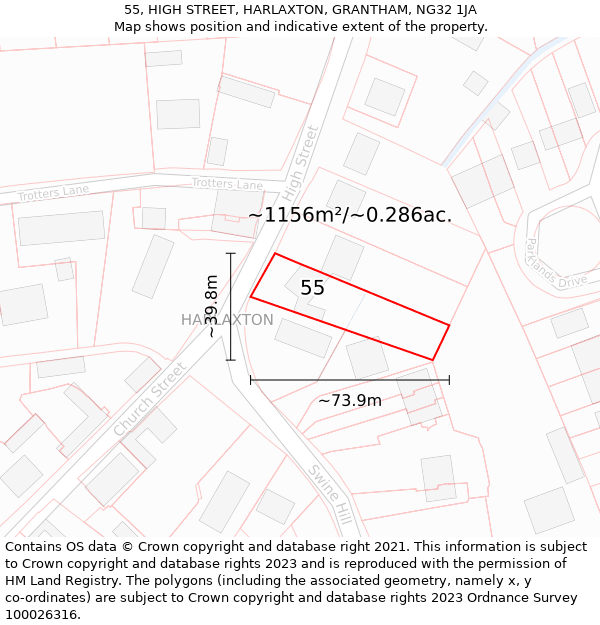 55, HIGH STREET, HARLAXTON, GRANTHAM, NG32 1JA: Plot and title map