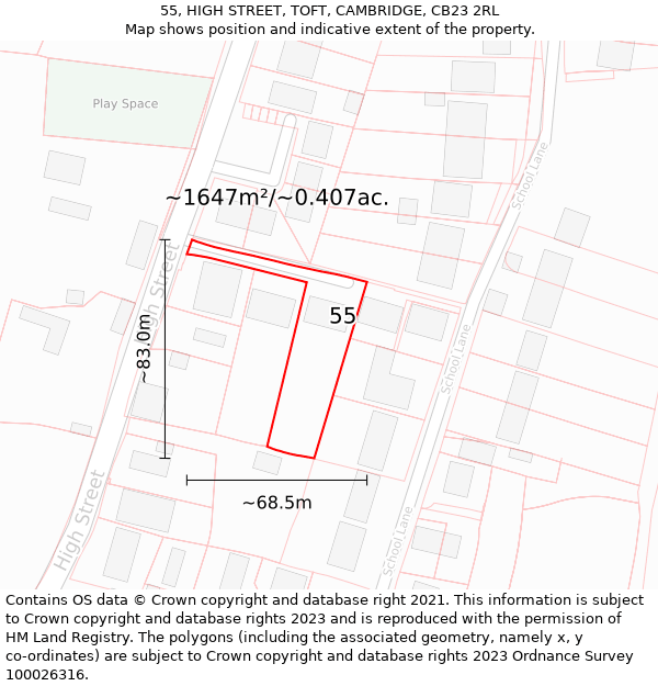 55, HIGH STREET, TOFT, CAMBRIDGE, CB23 2RL: Plot and title map