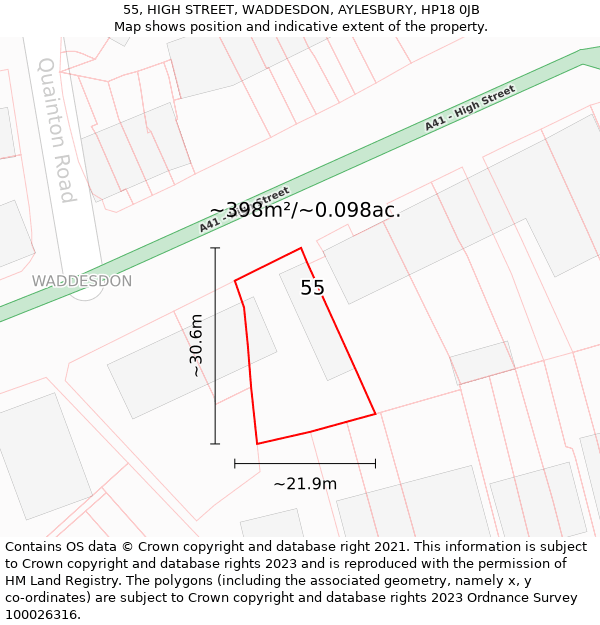 55, HIGH STREET, WADDESDON, AYLESBURY, HP18 0JB: Plot and title map