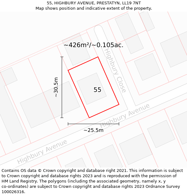 55, HIGHBURY AVENUE, PRESTATYN, LL19 7NT: Plot and title map