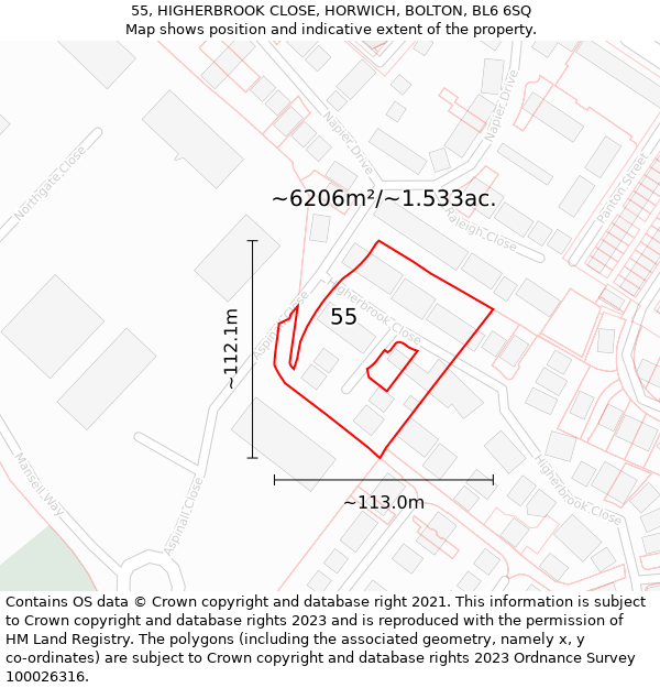 55, HIGHERBROOK CLOSE, HORWICH, BOLTON, BL6 6SQ: Plot and title map