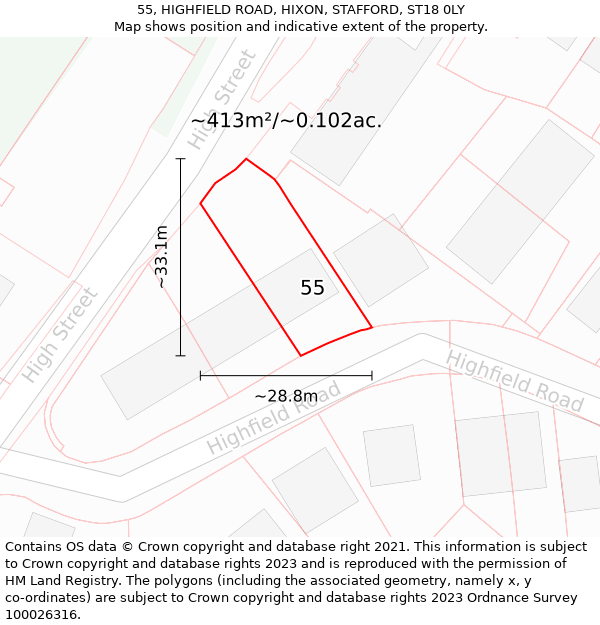 55, HIGHFIELD ROAD, HIXON, STAFFORD, ST18 0LY: Plot and title map