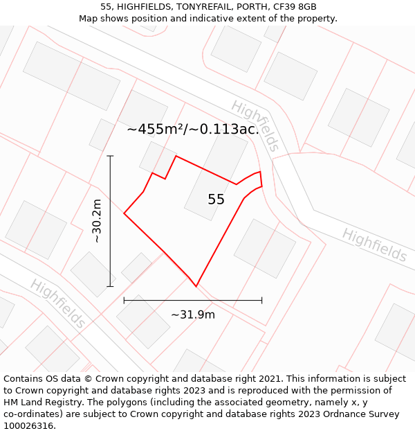 55, HIGHFIELDS, TONYREFAIL, PORTH, CF39 8GB: Plot and title map