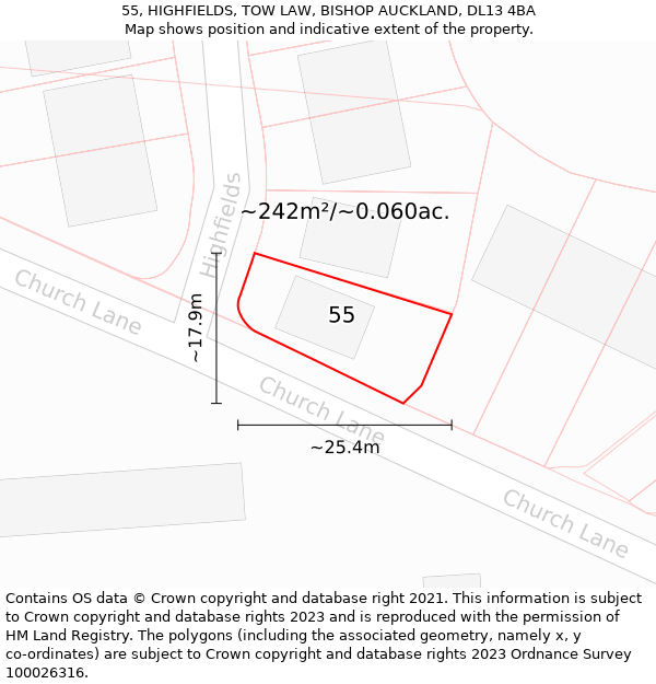 55, HIGHFIELDS, TOW LAW, BISHOP AUCKLAND, DL13 4BA: Plot and title map