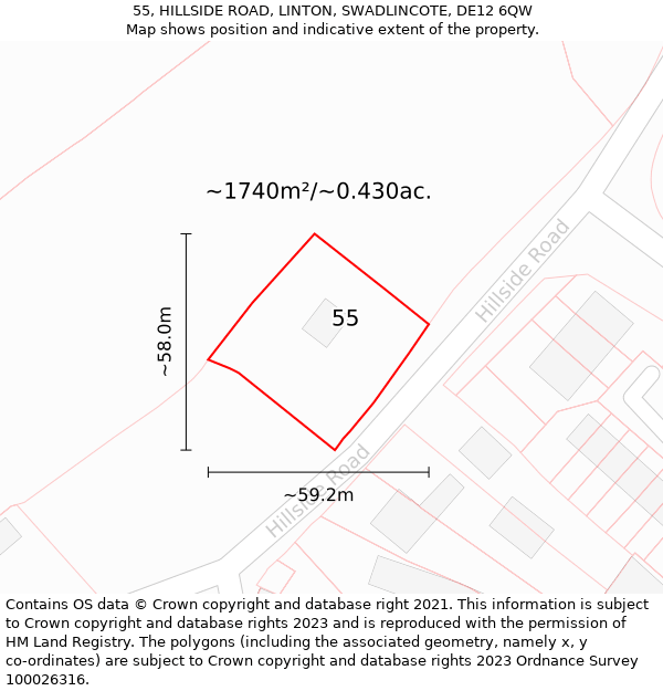 55, HILLSIDE ROAD, LINTON, SWADLINCOTE, DE12 6QW: Plot and title map