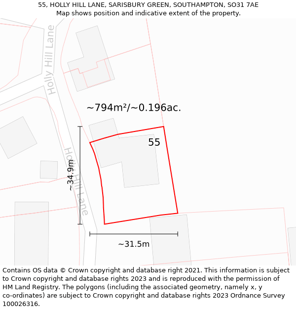 55, HOLLY HILL LANE, SARISBURY GREEN, SOUTHAMPTON, SO31 7AE: Plot and title map