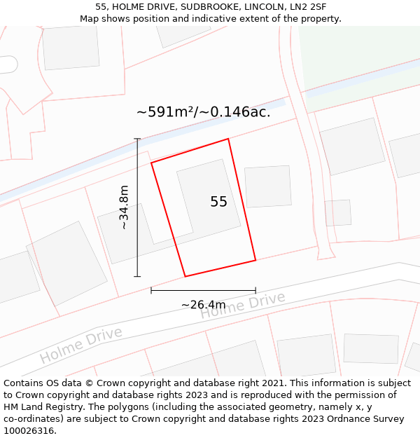 55, HOLME DRIVE, SUDBROOKE, LINCOLN, LN2 2SF: Plot and title map