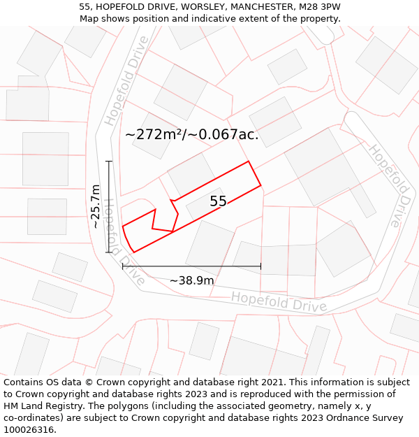 55, HOPEFOLD DRIVE, WORSLEY, MANCHESTER, M28 3PW: Plot and title map