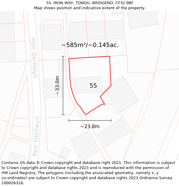 55, IRON WAY, TONDU, BRIDGEND, CF32 9BF: Plot and title map