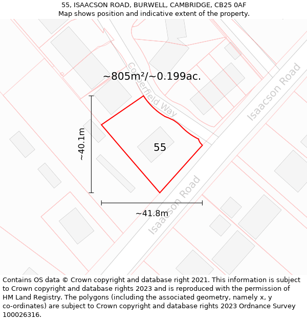 55, ISAACSON ROAD, BURWELL, CAMBRIDGE, CB25 0AF: Plot and title map