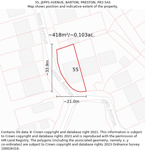 55, JEPPS AVENUE, BARTON, PRESTON, PR3 5AS: Plot and title map