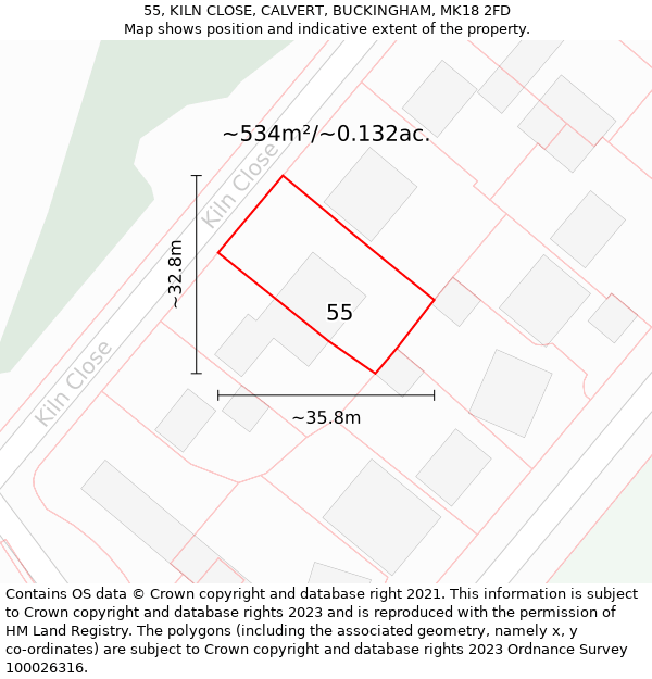 55, KILN CLOSE, CALVERT, BUCKINGHAM, MK18 2FD: Plot and title map