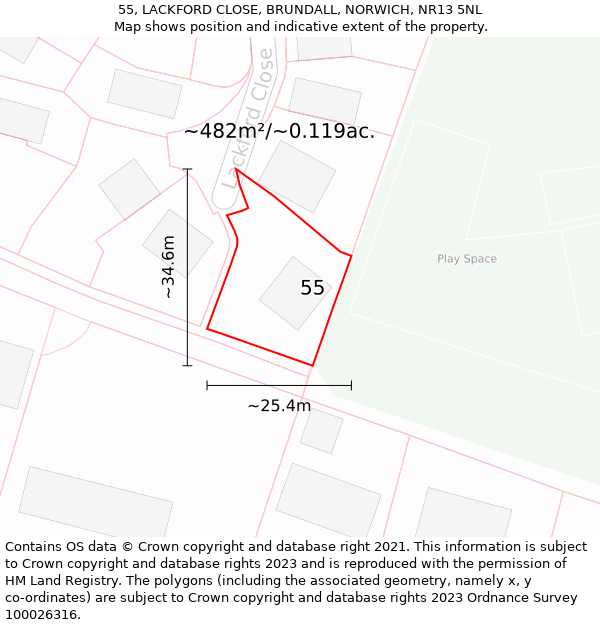 55, LACKFORD CLOSE, BRUNDALL, NORWICH, NR13 5NL: Plot and title map