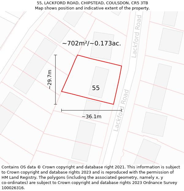 55, LACKFORD ROAD, CHIPSTEAD, COULSDON, CR5 3TB: Plot and title map