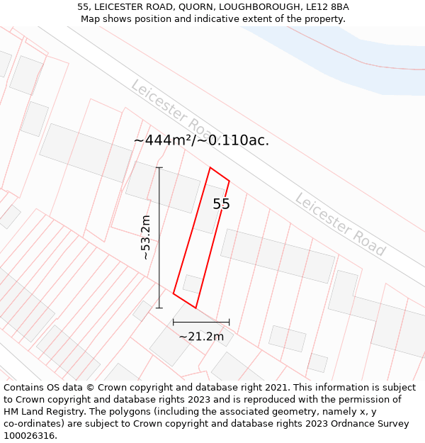 55, LEICESTER ROAD, QUORN, LOUGHBOROUGH, LE12 8BA: Plot and title map