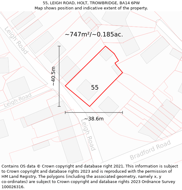 55, LEIGH ROAD, HOLT, TROWBRIDGE, BA14 6PW: Plot and title map