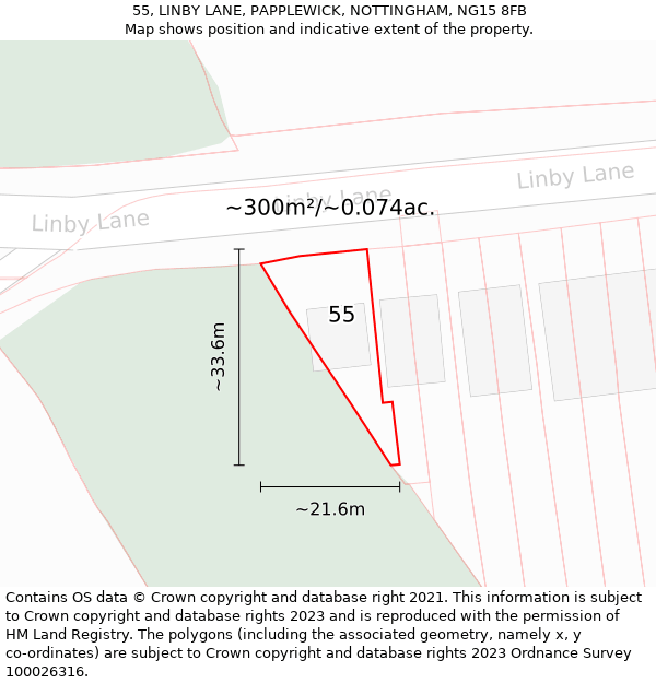 55, LINBY LANE, PAPPLEWICK, NOTTINGHAM, NG15 8FB: Plot and title map