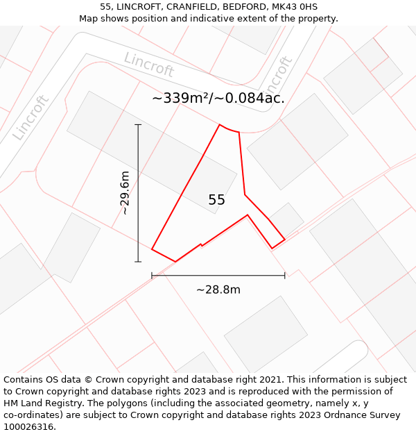 55, LINCROFT, CRANFIELD, BEDFORD, MK43 0HS: Plot and title map