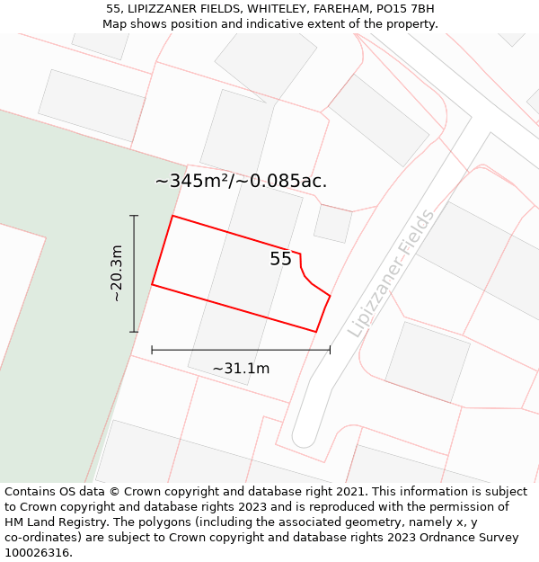 55, LIPIZZANER FIELDS, WHITELEY, FAREHAM, PO15 7BH: Plot and title map