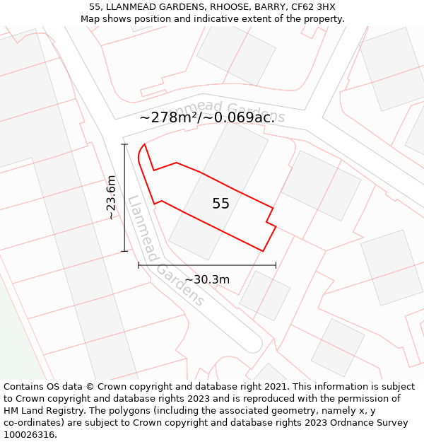 55, LLANMEAD GARDENS, RHOOSE, BARRY, CF62 3HX: Plot and title map