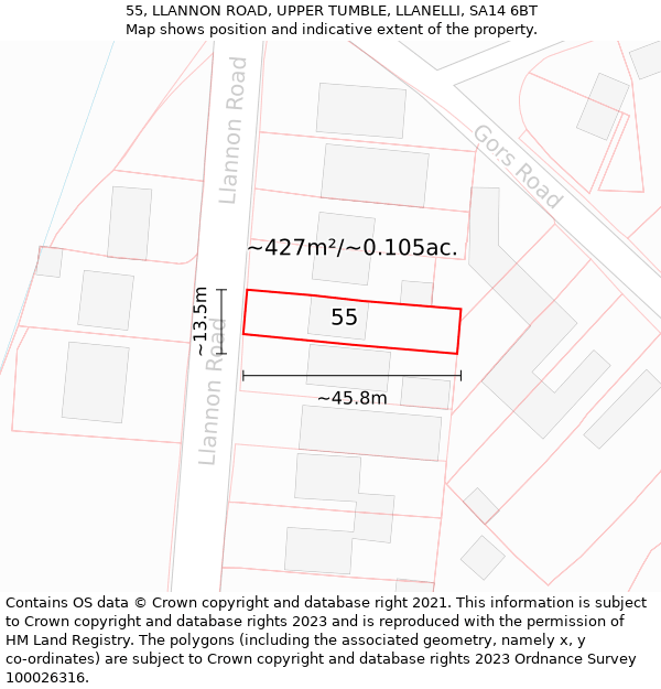 55, LLANNON ROAD, UPPER TUMBLE, LLANELLI, SA14 6BT: Plot and title map