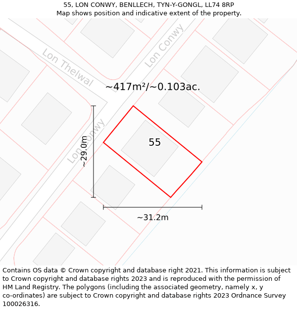 55, LON CONWY, BENLLECH, TYN-Y-GONGL, LL74 8RP: Plot and title map