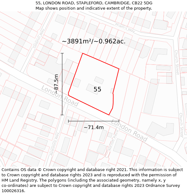 55, LONDON ROAD, STAPLEFORD, CAMBRIDGE, CB22 5DG: Plot and title map