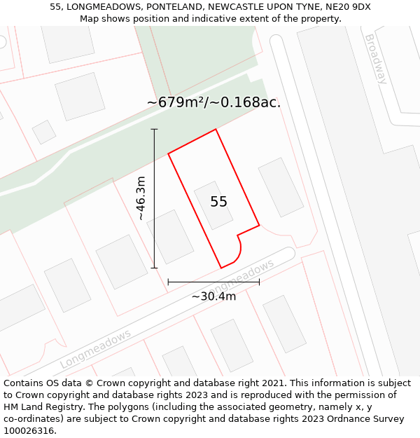 55, LONGMEADOWS, PONTELAND, NEWCASTLE UPON TYNE, NE20 9DX: Plot and title map