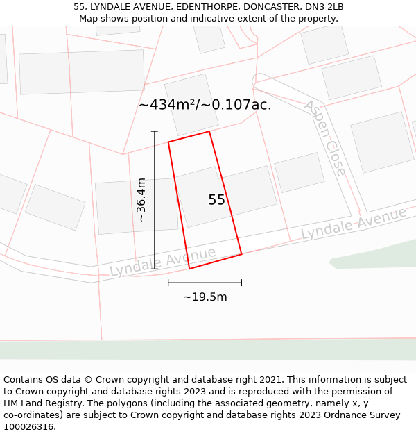 55, LYNDALE AVENUE, EDENTHORPE, DONCASTER, DN3 2LB: Plot and title map