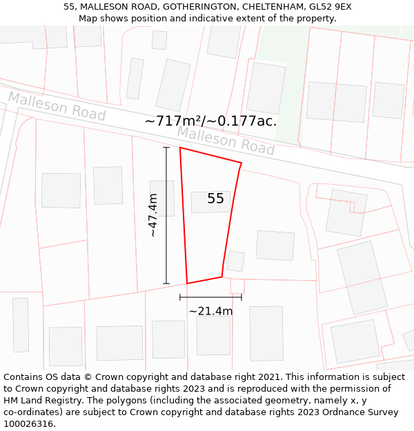 55, MALLESON ROAD, GOTHERINGTON, CHELTENHAM, GL52 9EX: Plot and title map