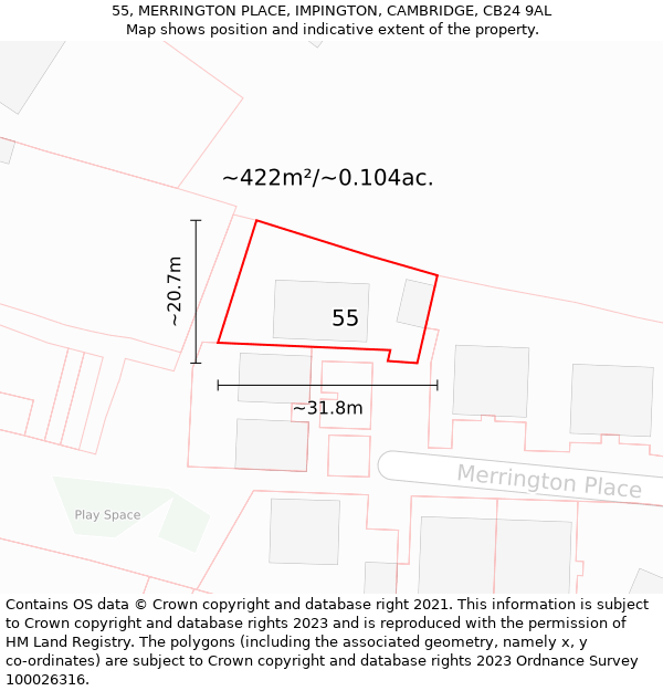 55, MERRINGTON PLACE, IMPINGTON, CAMBRIDGE, CB24 9AL: Plot and title map