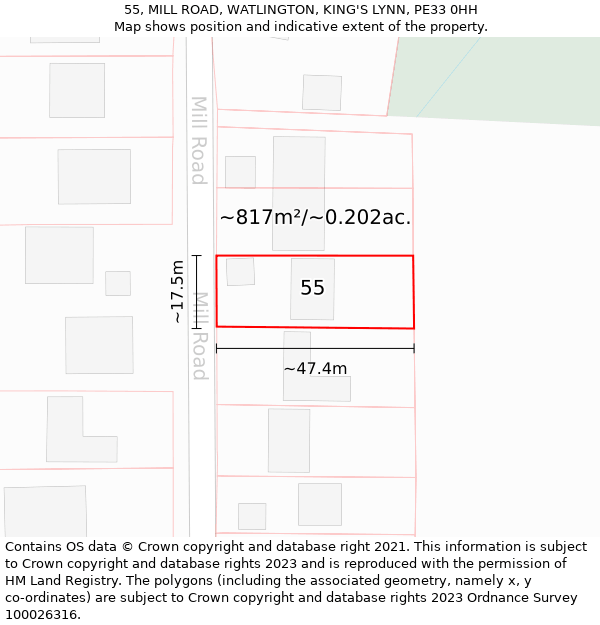 55, MILL ROAD, WATLINGTON, KING'S LYNN, PE33 0HH: Plot and title map