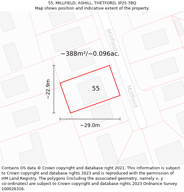 55, MILLFIELD, ASHILL, THETFORD, IP25 7BQ: Plot and title map