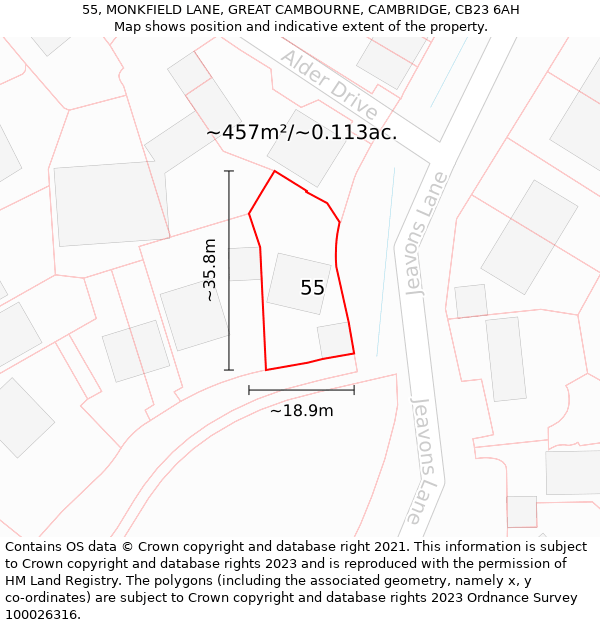 55, MONKFIELD LANE, GREAT CAMBOURNE, CAMBRIDGE, CB23 6AH: Plot and title map