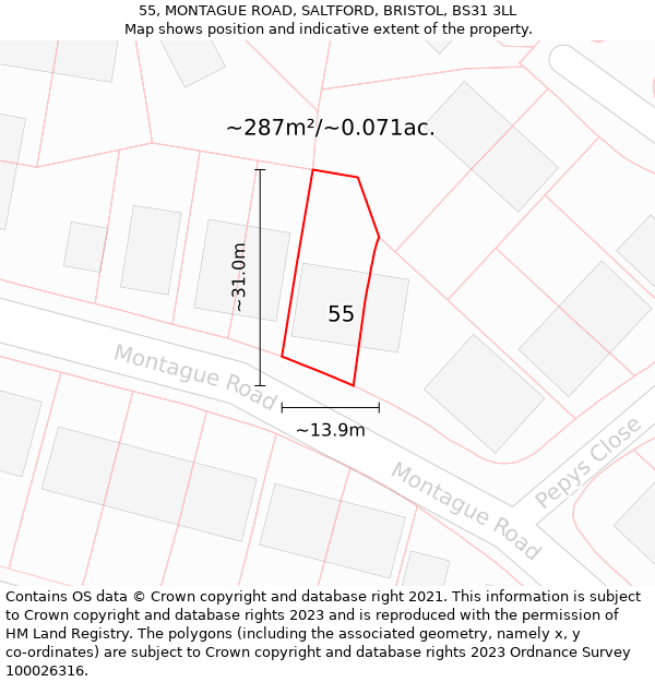 55, MONTAGUE ROAD, SALTFORD, BRISTOL, BS31 3LL: Plot and title map